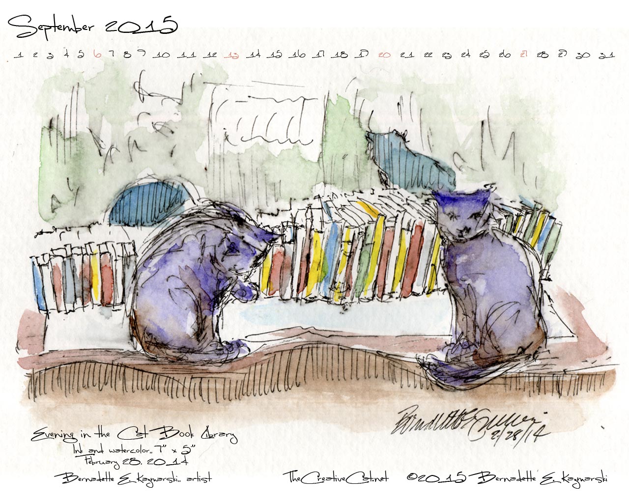 "Evening in the Cat Book Library" desktop calendar, 1280 x 1024 for square and laptop monitors.