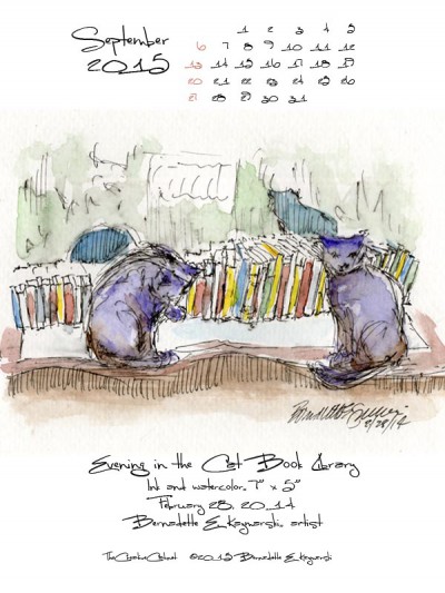 "Evening in the Cat Book Library" desktop calendar, for 600 x 800 for iPad, Kindle and other readers.