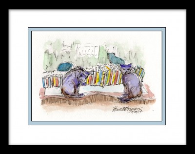 "Evening in the Cat Book Library" framed.