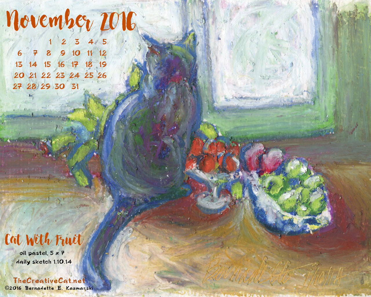 "Cat With Fruit" desktop calendar, 1280 x 1024 for square and laptop monitors.