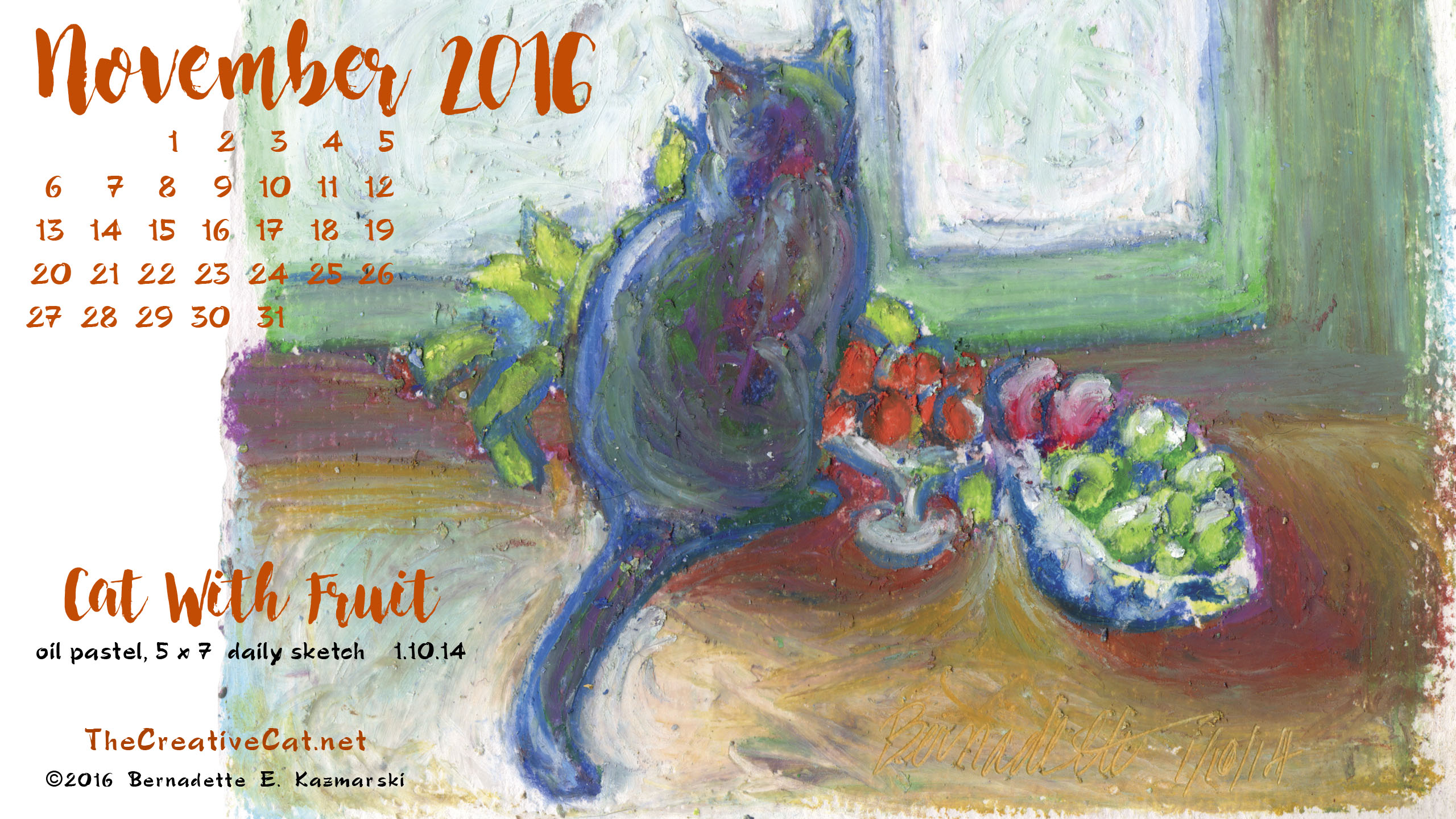 "Cat With Fruit" desktop calendar 2560 x 1440 for HD and wide screens.
