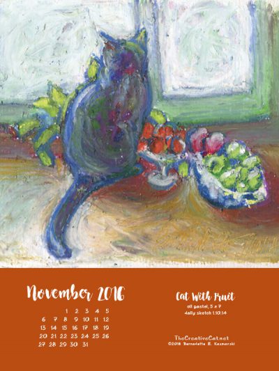 "Cat With Fruit" desktop calendar, 600 x 800 for iPad, Kindle and other readers.