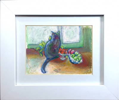 oil pastel of cat with fruit