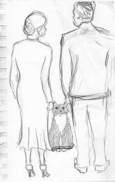 pencil sketch of cat and people