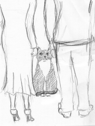 pencil sketch of cat and people
