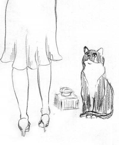 pencil sketch of cat , woman and inkwell