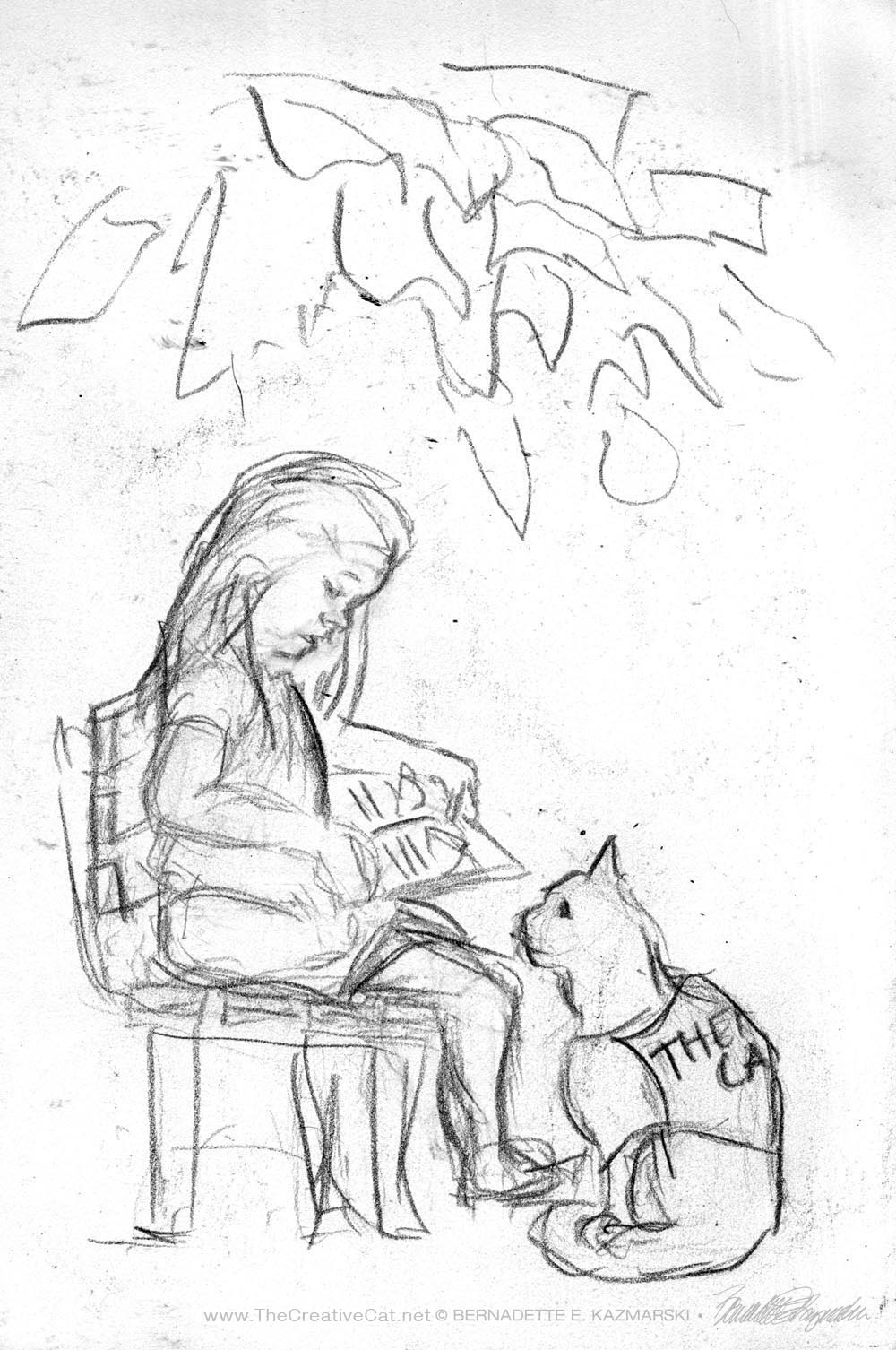 sketch of girl with cat