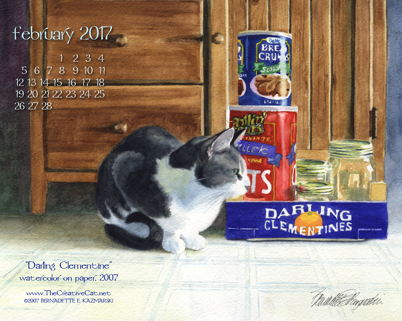"Darling Clementine" desktop calendar, 1280 x 1024 for square and laptop monitors.