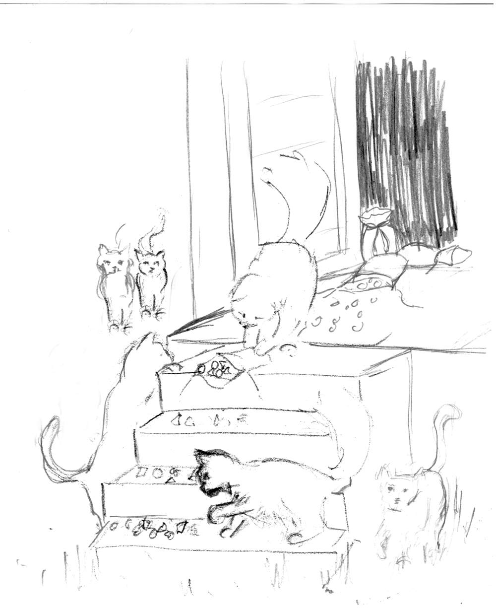 pencil sketch of cats on steps for illustration