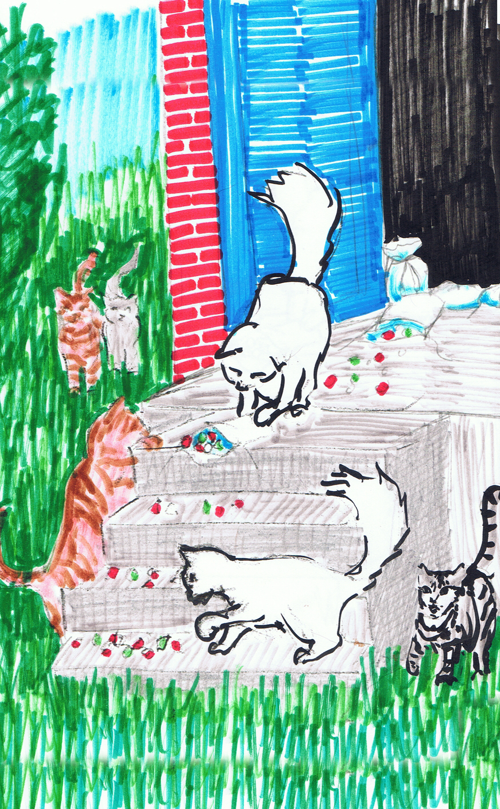marker sketch of cats on steps for illustration