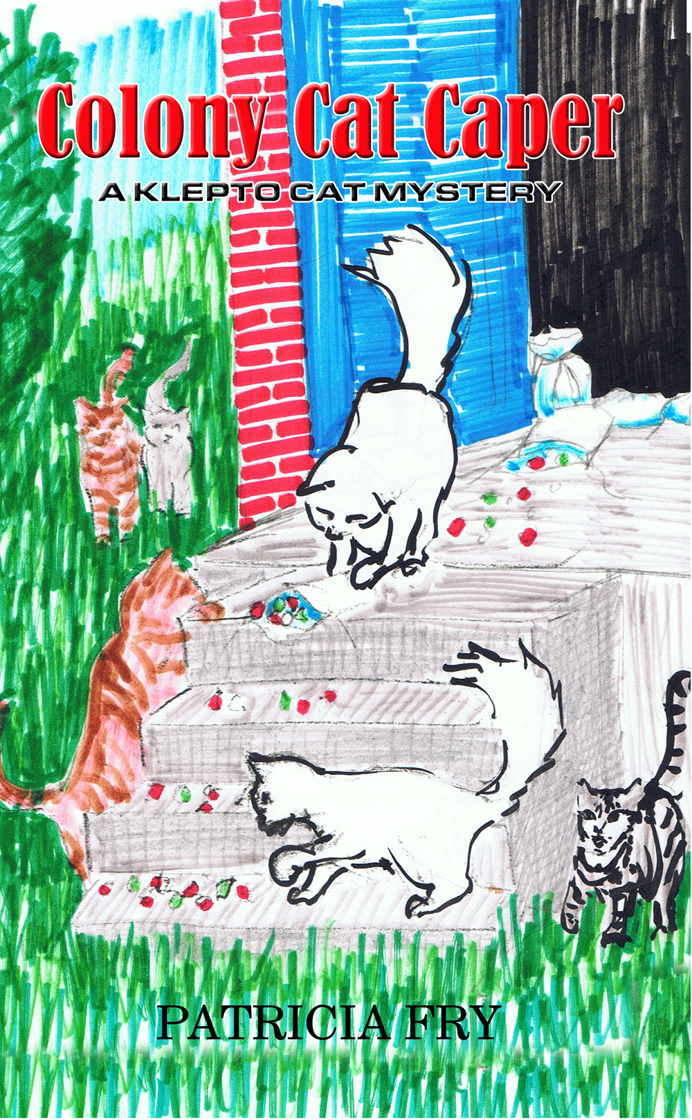 marker sketch of cats on steps for illustration