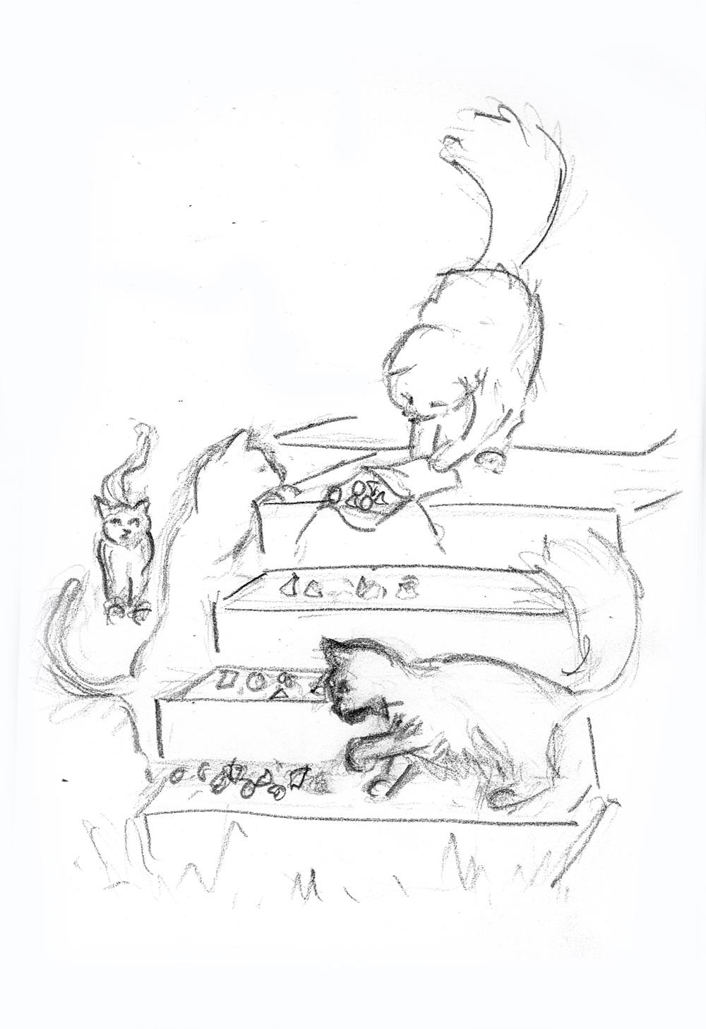 pencil sketch of cats on steps for illustration