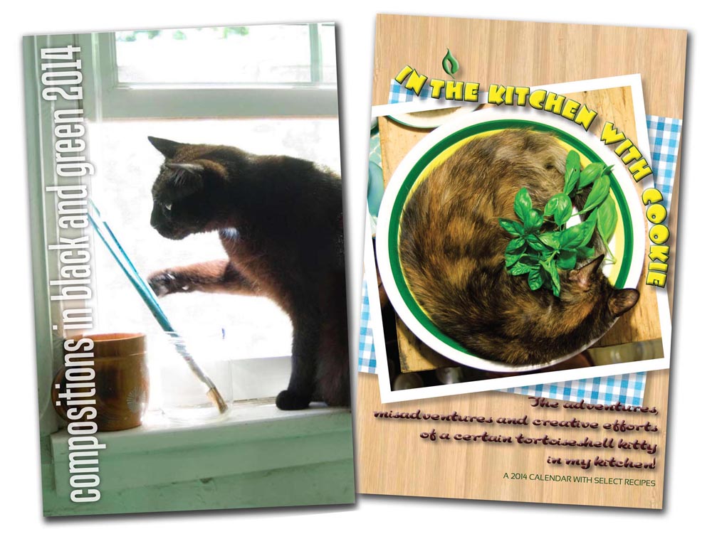 Desk and journal calendars for 2014, "In the Kitchen with Cookie" and "Compositions in Black and Green"