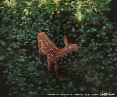 painting of fawn in greenery