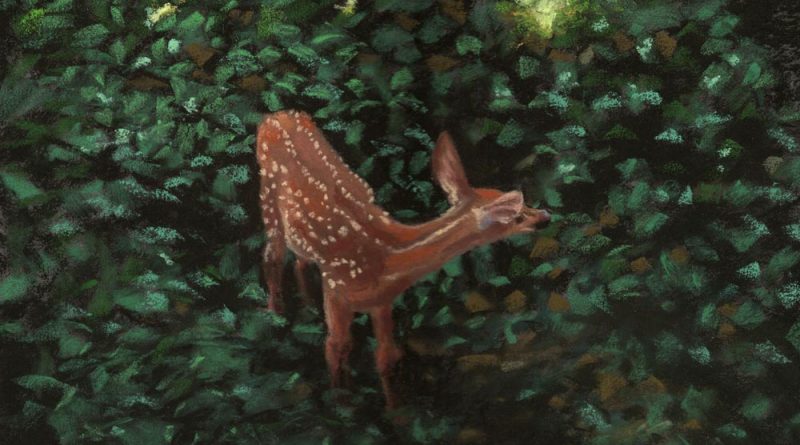 painting of fawn in greenery