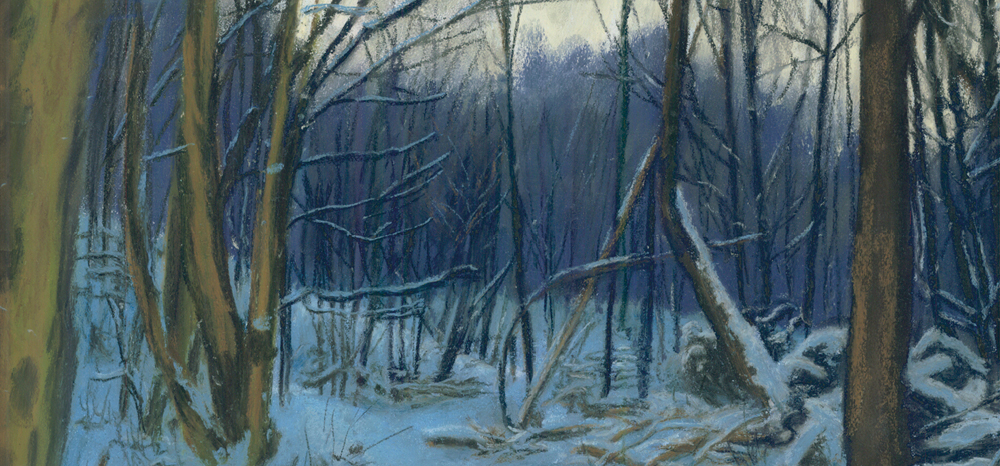 pastel painting of woods in snow