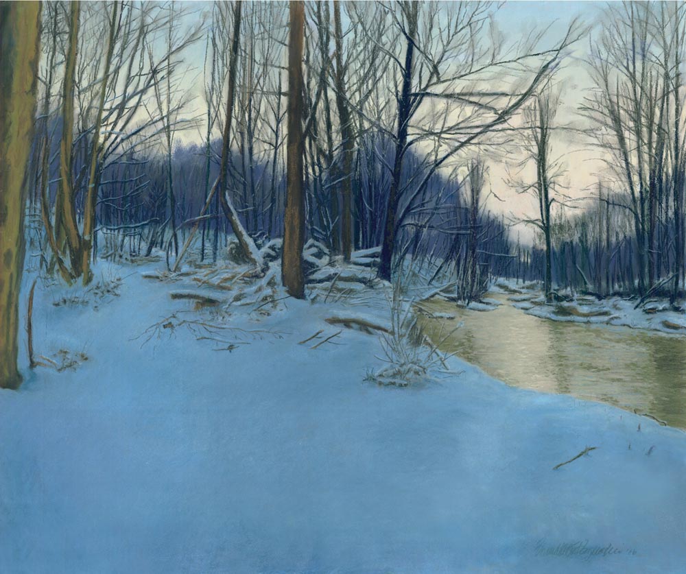 pastel painting of woods in snow