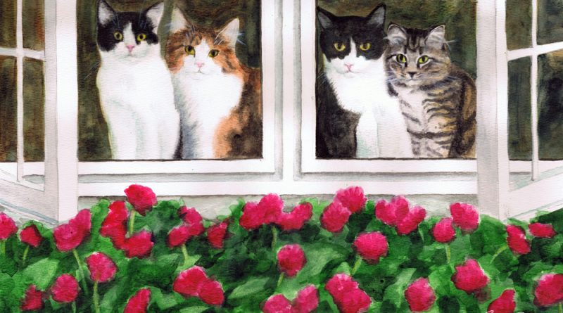 Four Kitties Supervising Mom, 15" x 11", watercolor, 2011 © Bernadette E. Kazmarski.