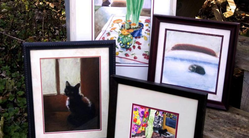 Four original cat paintings on their way home.