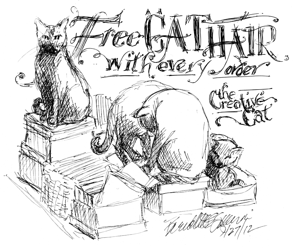 ink sketch of cats on boxes