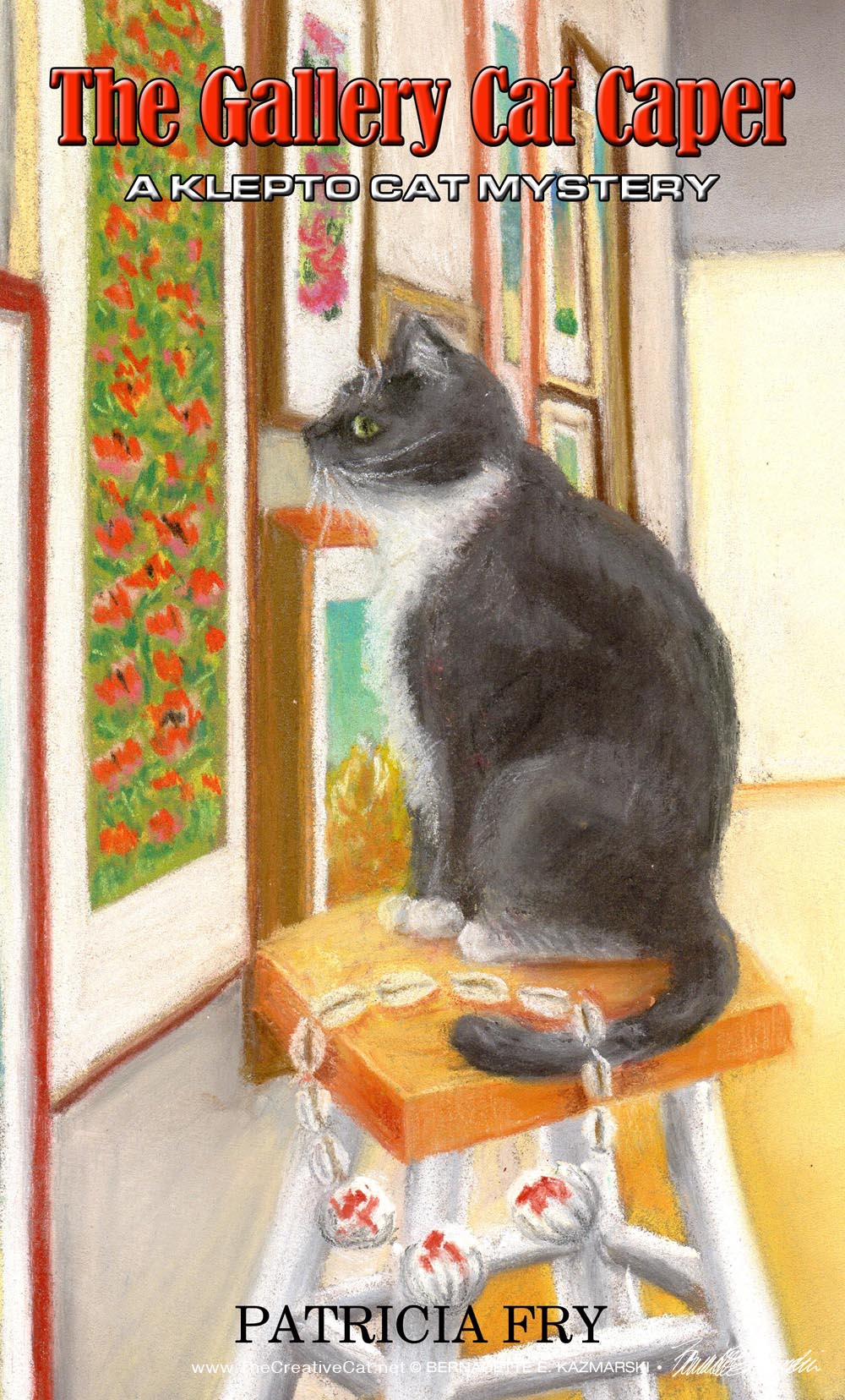 book cover cat on stool looking at art