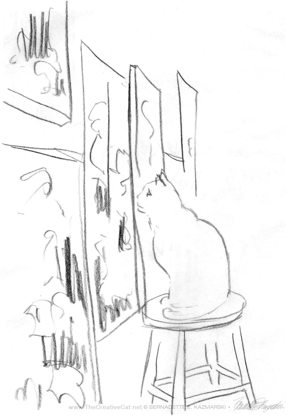 pencil sketch cat on stool looking at art