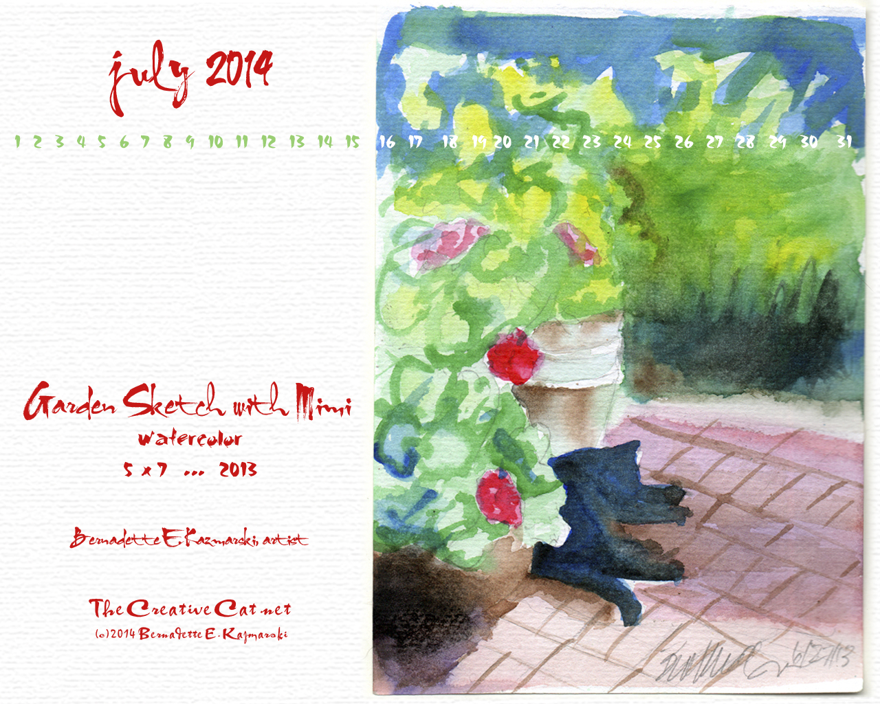 "Garden with Mimi" desktop calendar, 1280 x 1024 for square and laptop monitors