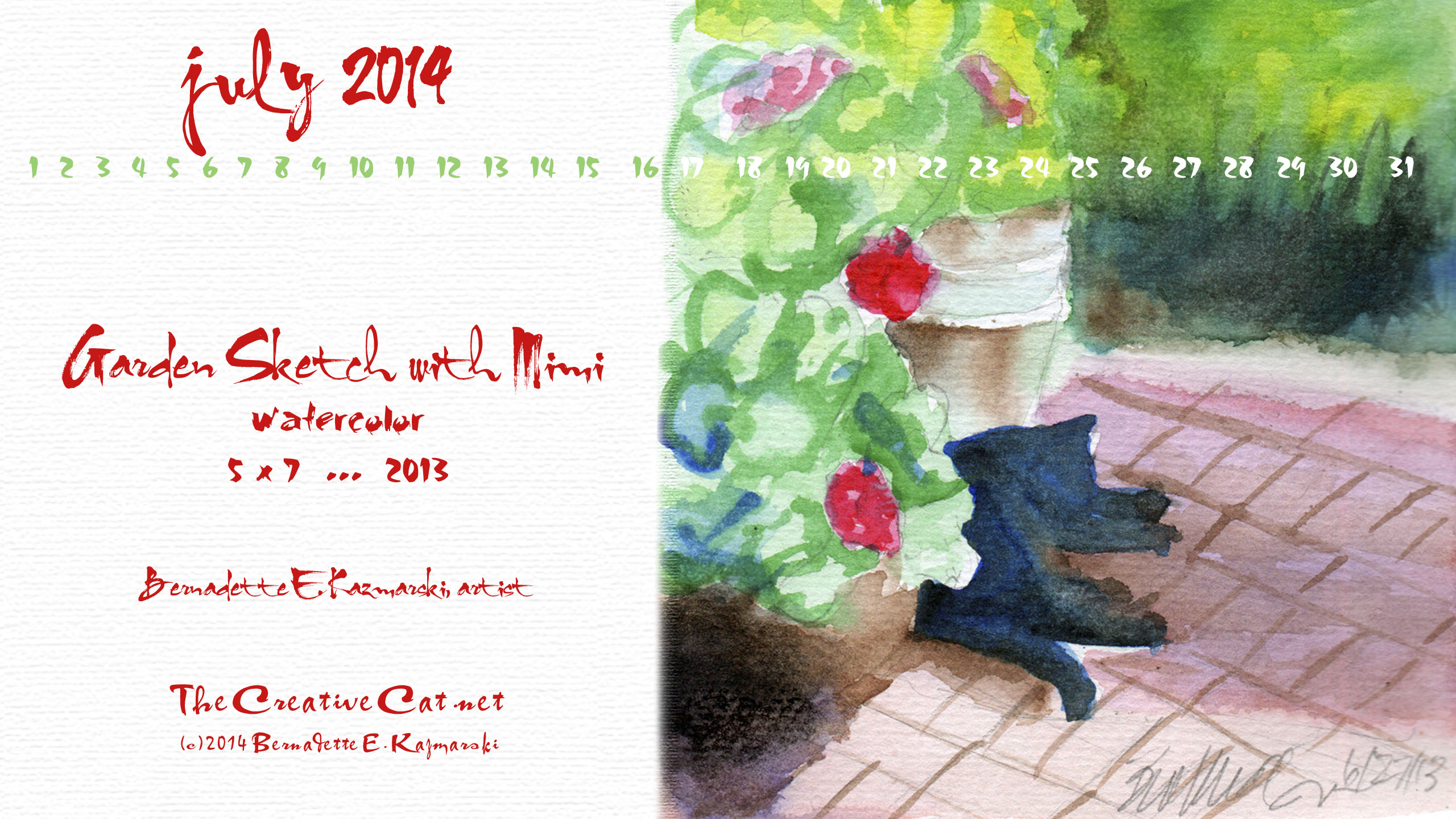 "Garden Sketch with Mimi", 2560 x 1440 for wide and HD monitors desktop calendar