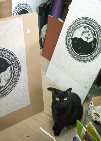 black cat with block prints