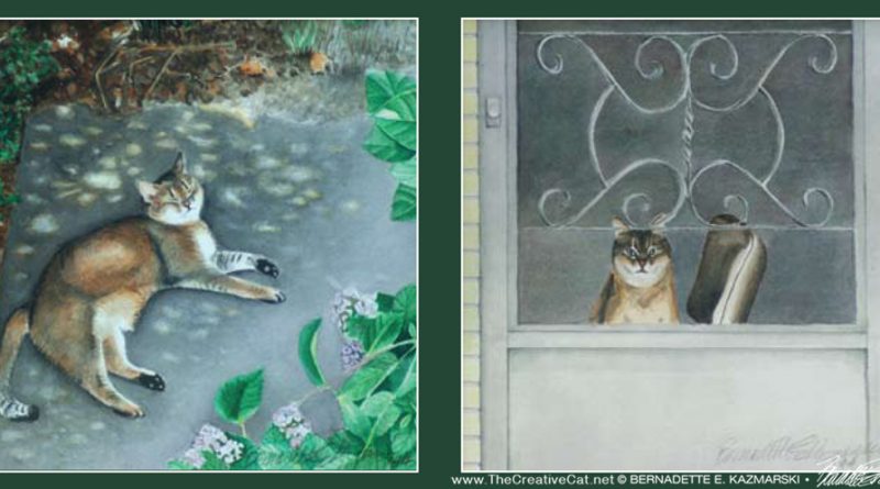 two watercolor portraits of abyssinian cats