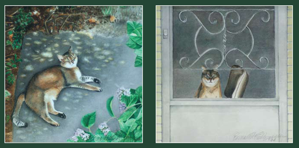 two watercolor portraits of abyssinian cats