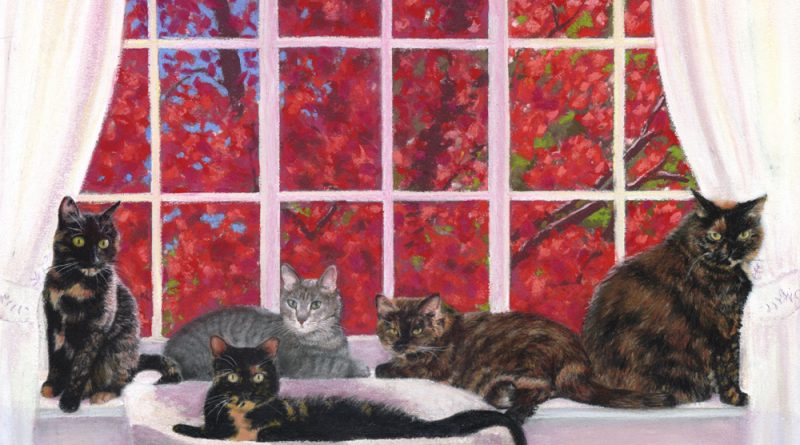 FeeBee, Amber, Buckley, Allegra and Ruby, and the Red Maple, pastel, 12 x 18 © Bernadette E. Kazmarski