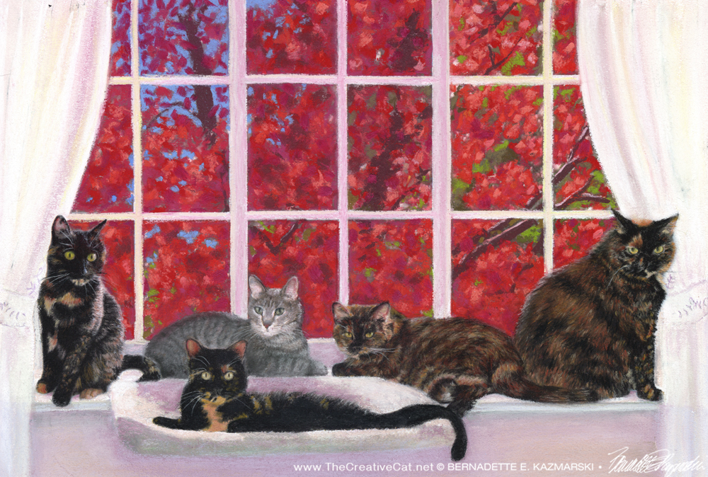 FeeBee, Amber, Buckley, Allegra and Ruby, and the Red Maple, pastel, 12 x 18 © Bernadette E. Kazmarski