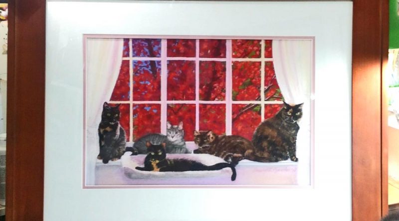 FeeBee, Amber, Buckley, Allegra and Ruby, and the Red Maple, pastel, 12 x 18 © Bernadette E. Kazmarski, framed.