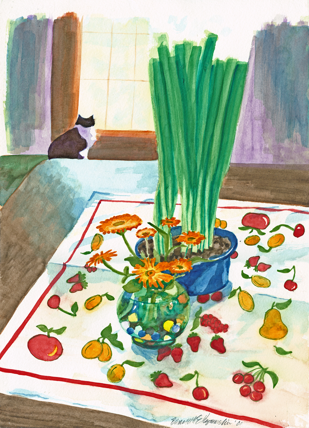 watercolor of flowers and cat