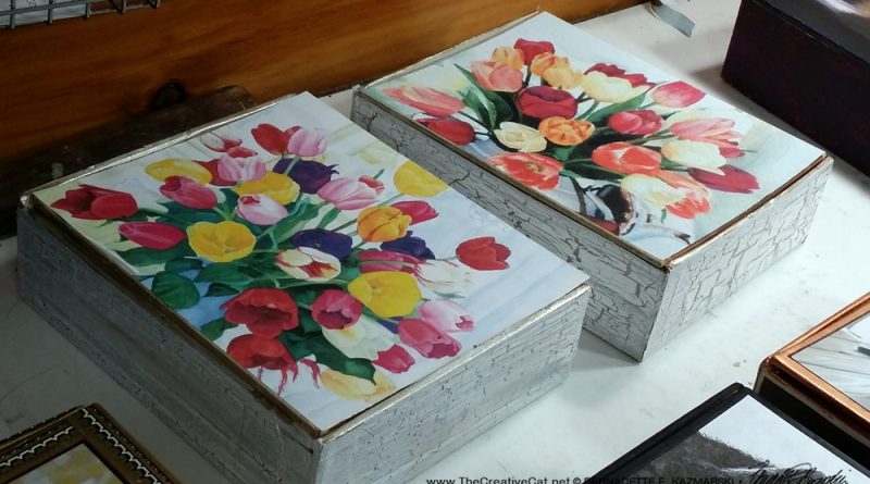 Two matching tulip keepsakes made from Marsh & Wheeling cigar boxes.