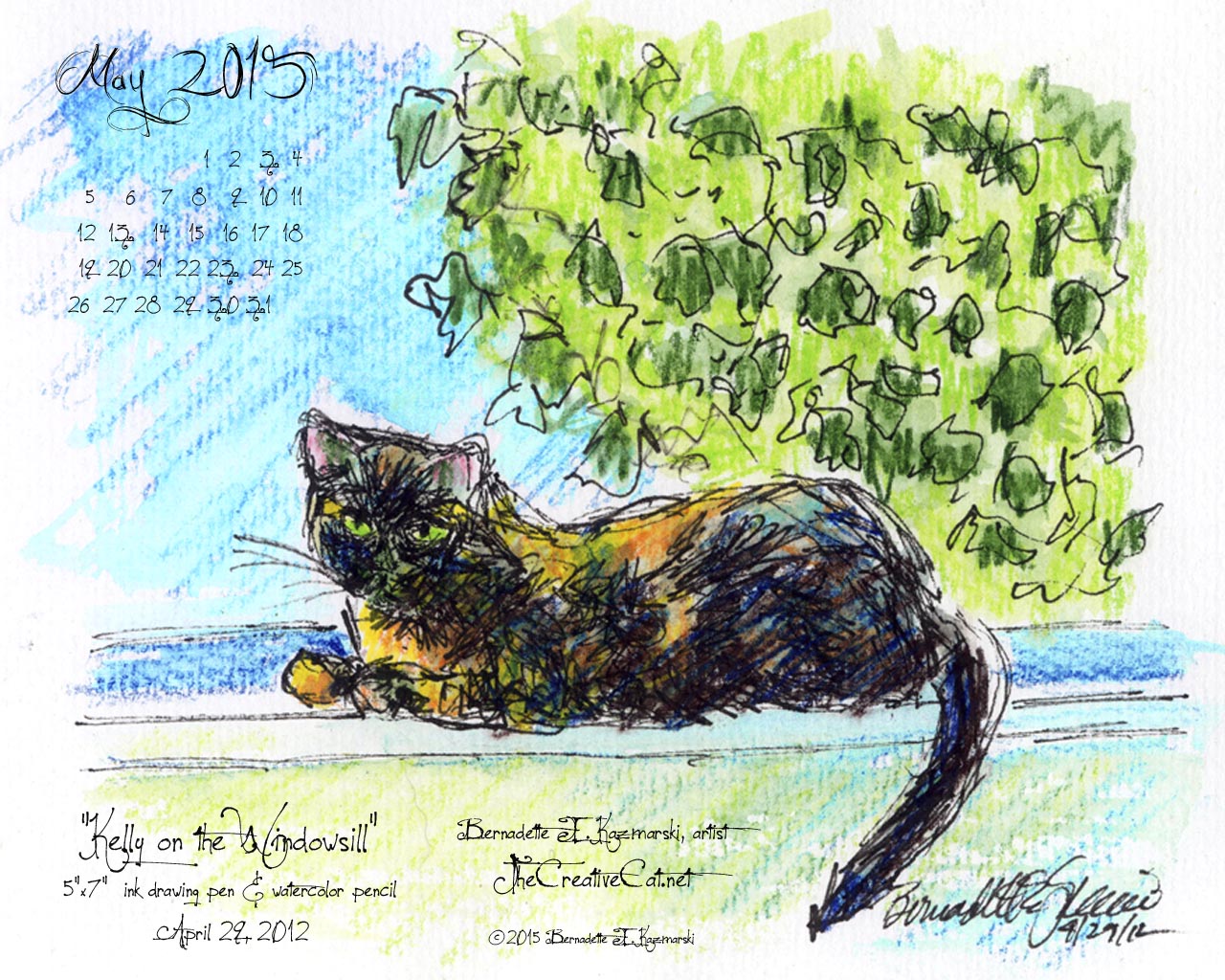 "Kelly on the Windowsill" desktop calendar, 1280 x 1024 for square and laptop monitors.