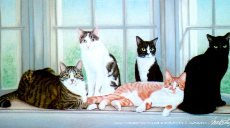"Ripley, Murphy, O.G., Veda and Missy Kitty", 20" x 30", pastel, 1998 © Bernadette E. Kazmarski