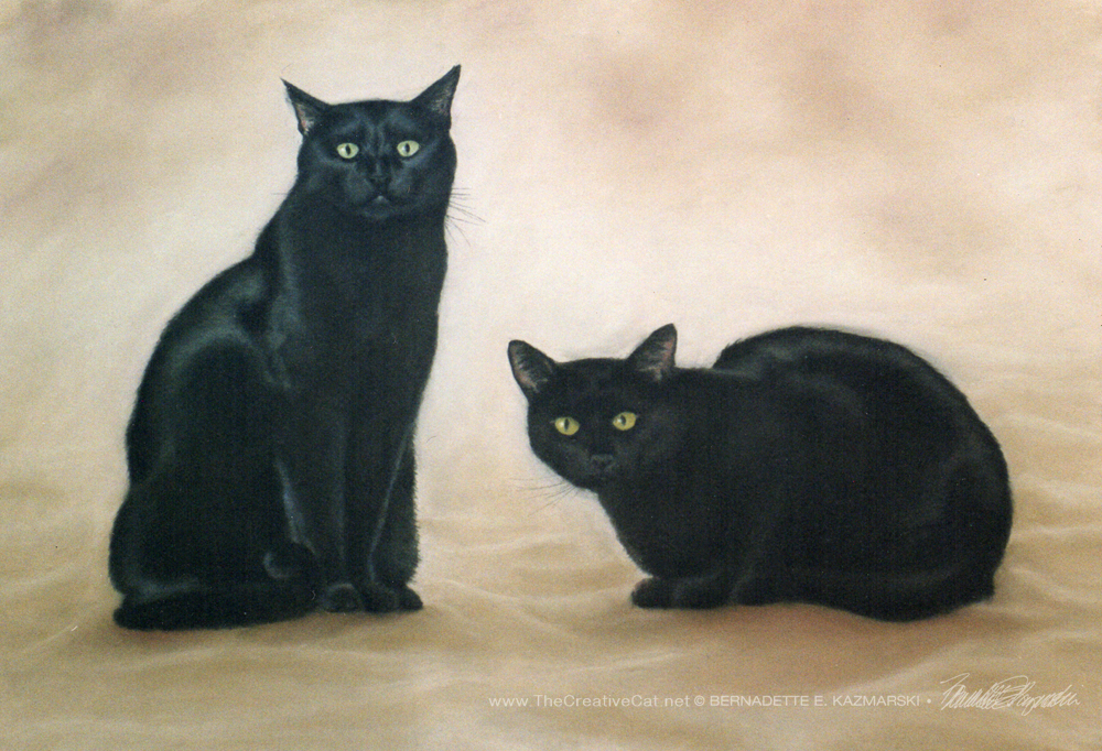 pastel portrait of two black cats