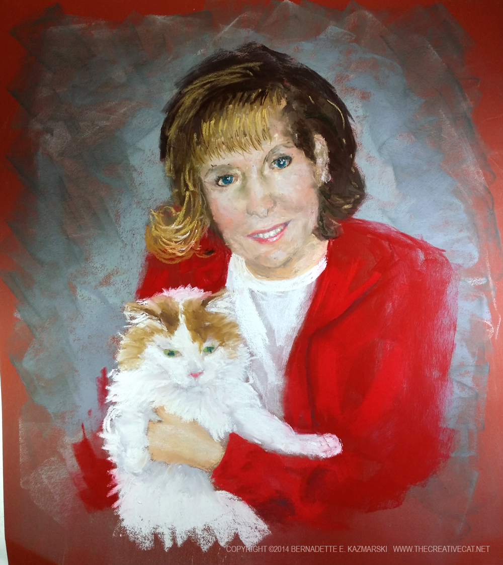 pastel portrait of woman and cat