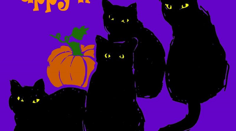 halloween art with four black cats