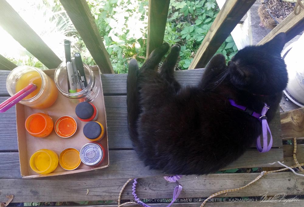 Mimi really is supervising me though it looks as if she's napping next to my paints, inks and brushes.
