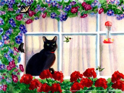 watercolor of cat at window watching hummingbirds
