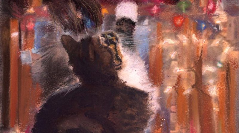pastel painting of two cats in Christmas lights