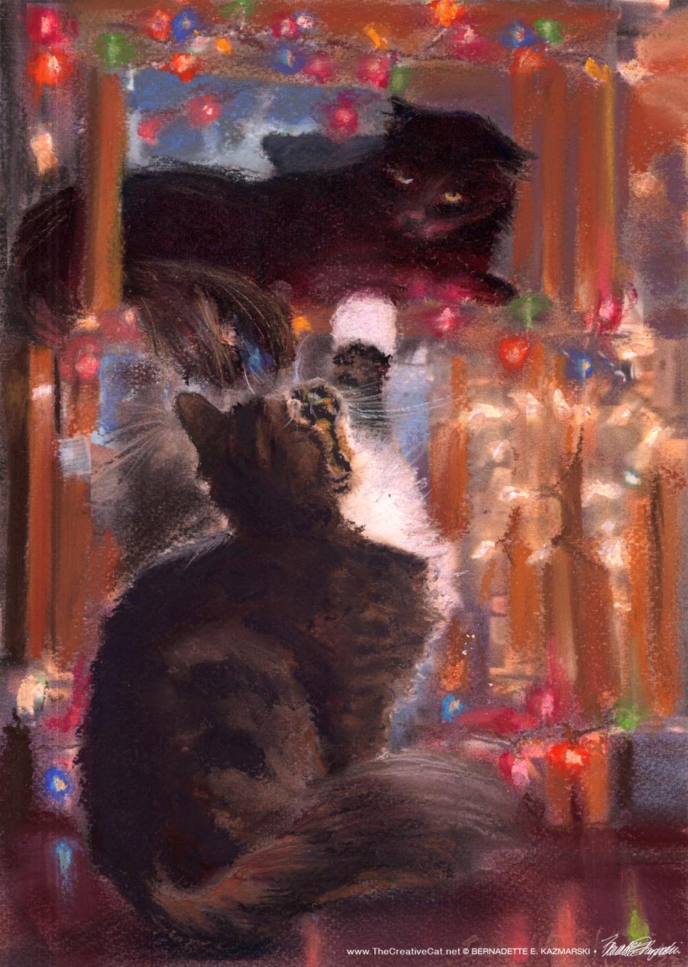 pastel painting of two cats in Christmas lights