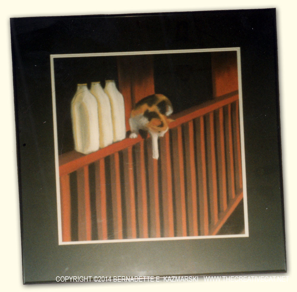 pastel of calico cat on railing