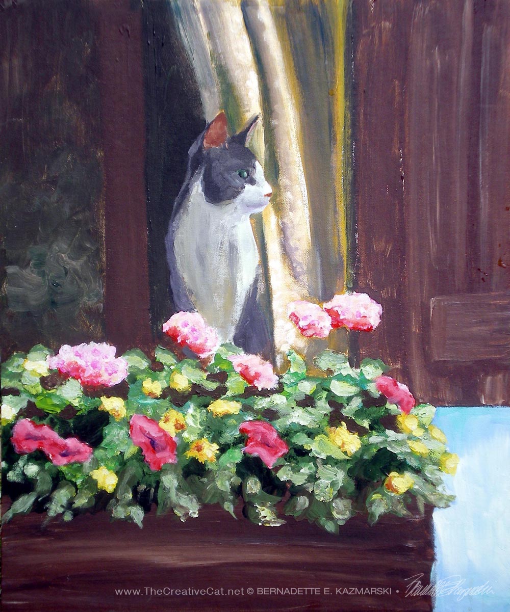 painting of cat with flowers by window