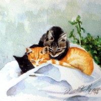 watercolor of three kittens on feed sacks