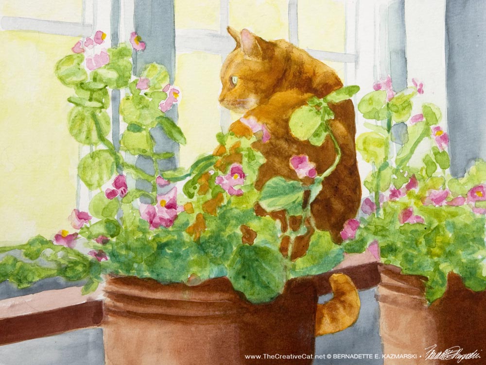 watercolor of orange cat with begonias at window