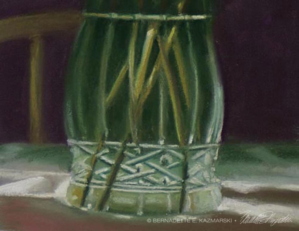 pastel painting of calico cat and vase of peonies